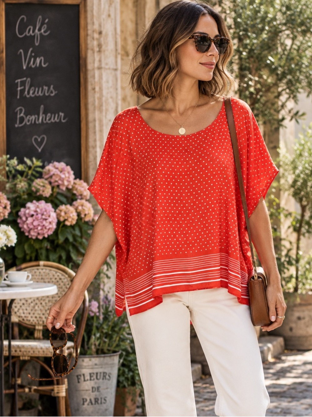 ODILLE/ANTHRO Cottagecore Orange and White Dotted Relaxed Fit Blouse, S